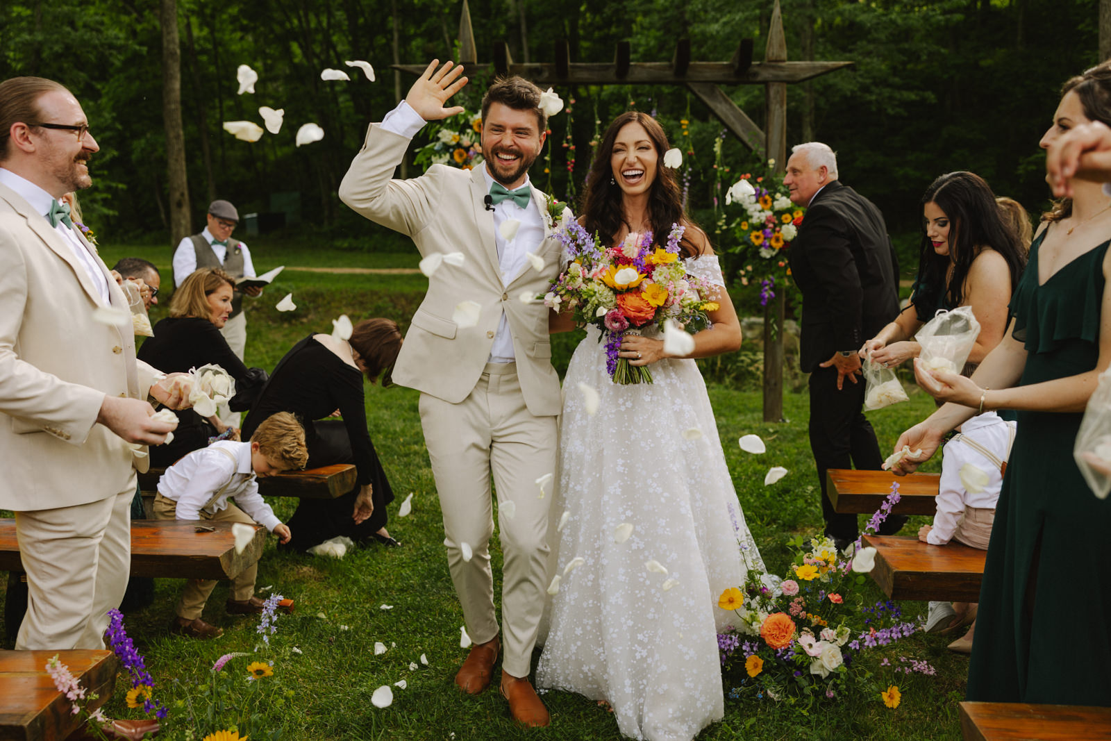 Bride and Groom wlaking back up the aisle after ceremony in Asheville North Carolina